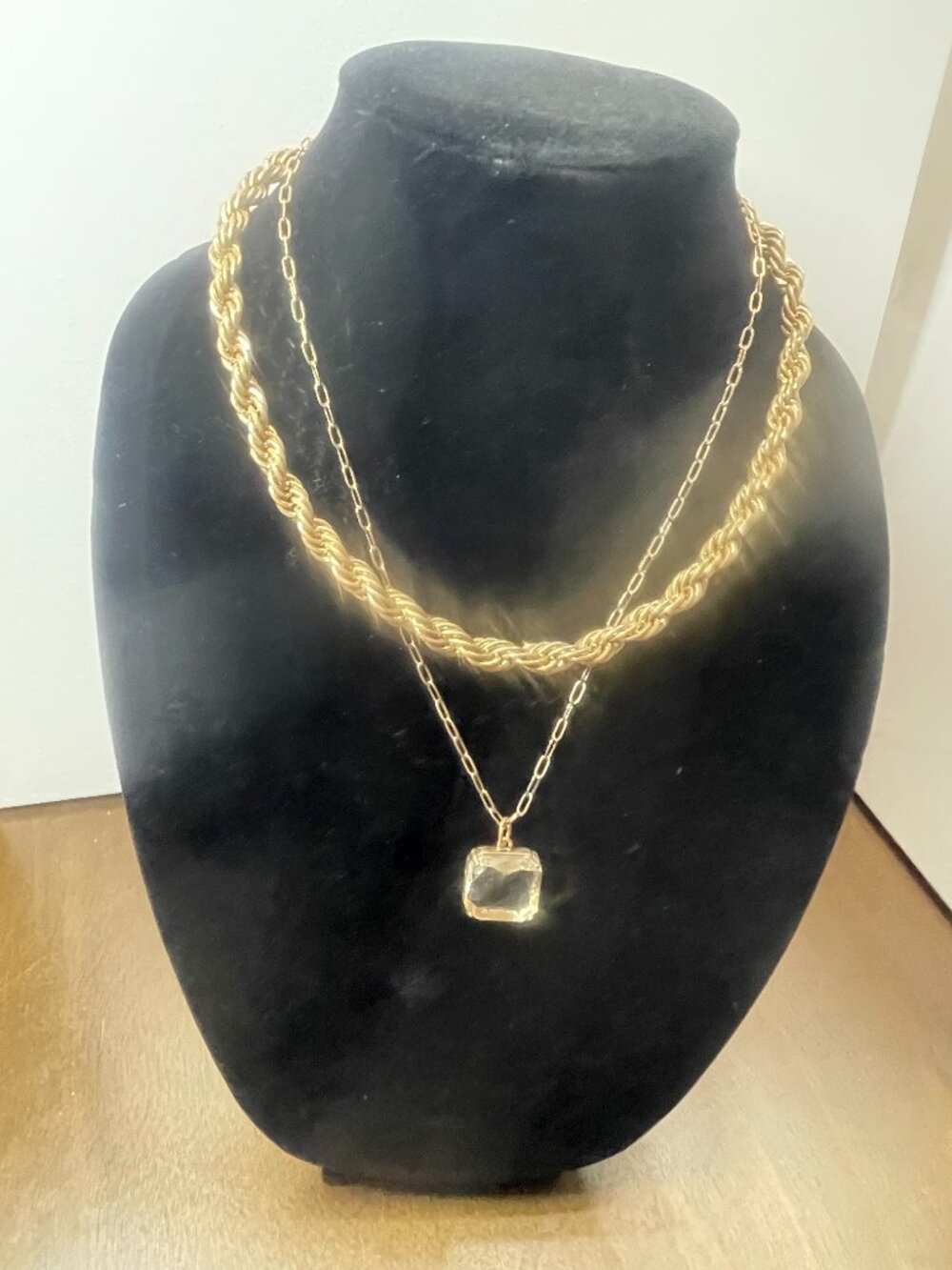 Layered Gold Necklace with Braided Chain and Rhinestone